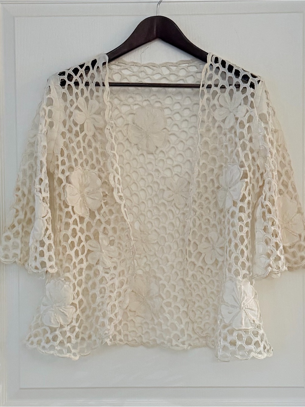 Crochet Openwork Floral Cardigan - Cream
